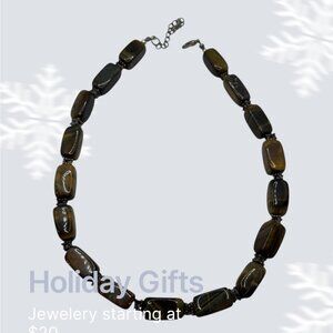 Tiger Eye Necklace 15” Natural Stone Silver Spacer Beads